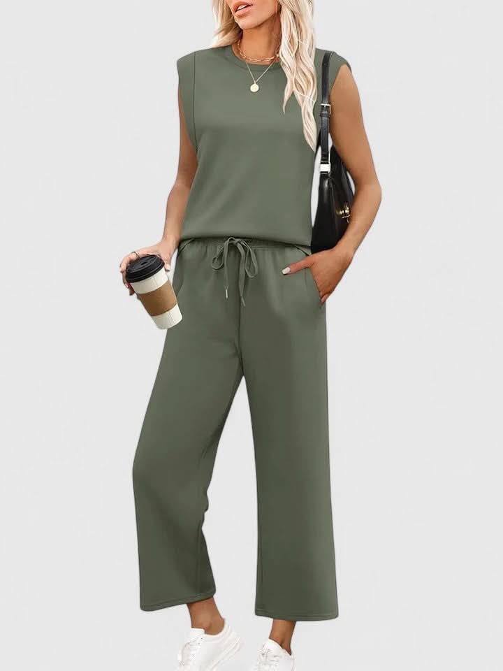 Women's Sleeveless Two Piece Set with Wide Leg Pants Casual Summer Outfit