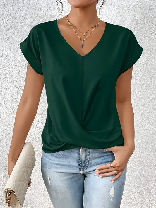 Women's V-Neck Twist Front Summer Top  Relaxed Fit Cap Sleeve Casual Blouse