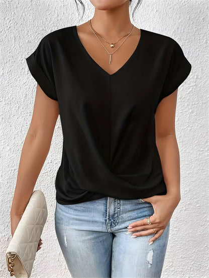 Women's V-Neck Twist Front Summer Top  Relaxed Fit Cap Sleeve Casual Blouse