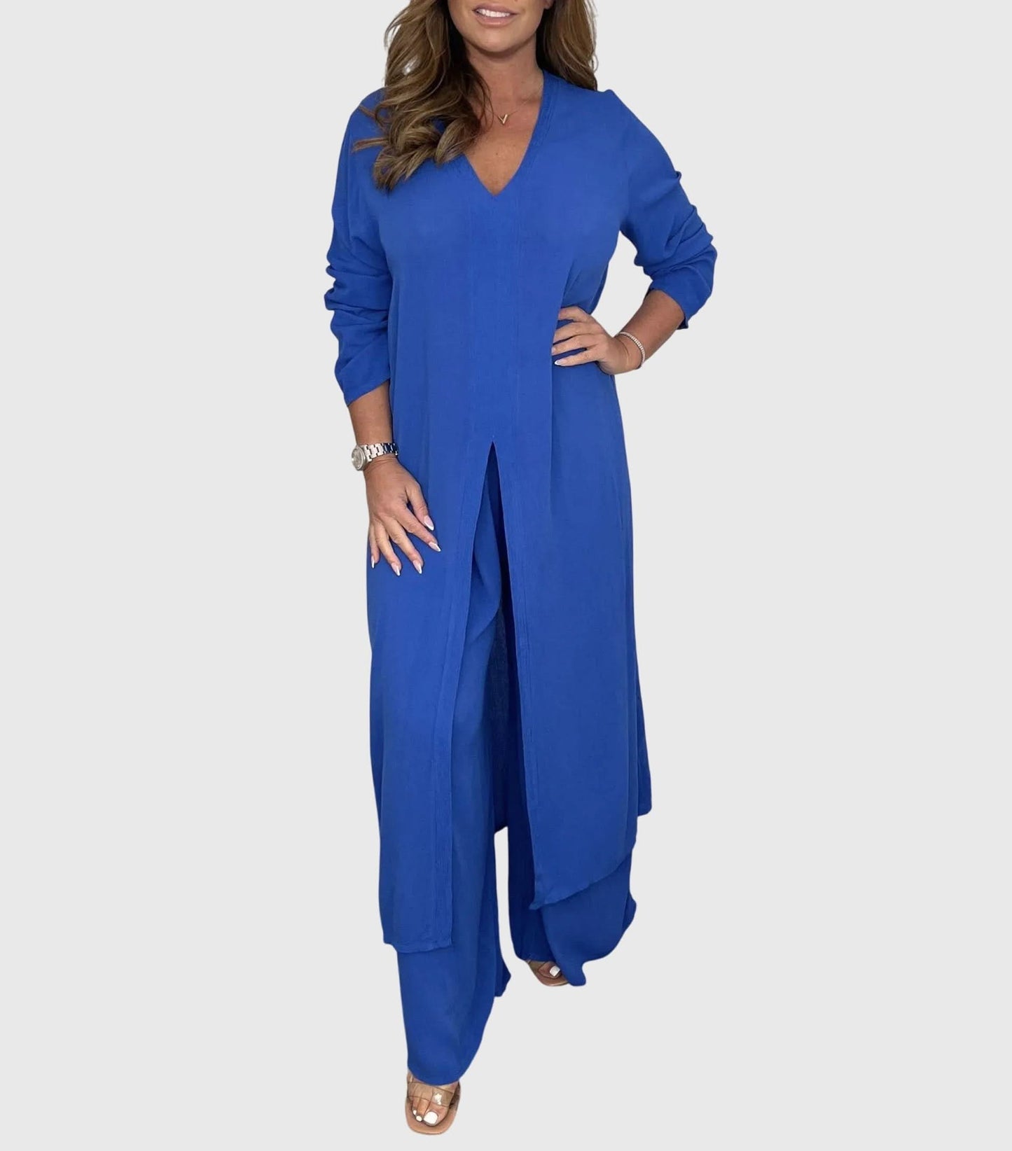 Women's Elegant Two Piece Set Long Top and Wide Leg Pants Outfit