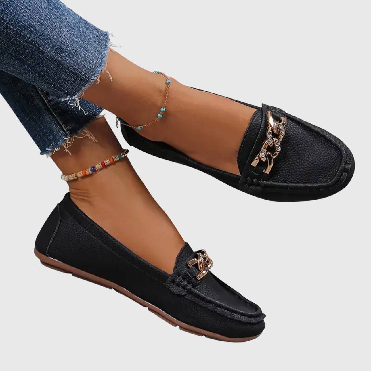 Women’s Loafers with Diamond Buckle and Flat Wedge Sole