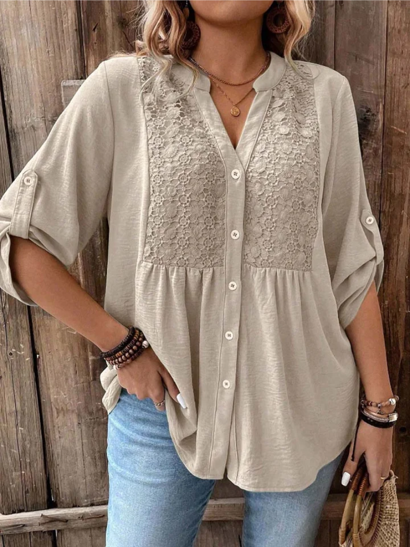 Women's Casual V Neck Blouse Loose Fit Button Up Shirt