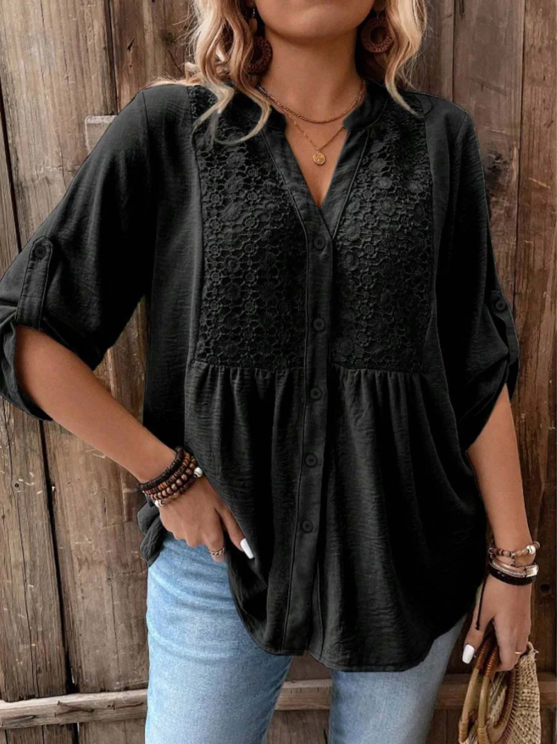 Women's Casual V Neck Blouse Loose Fit Button Up Shirt