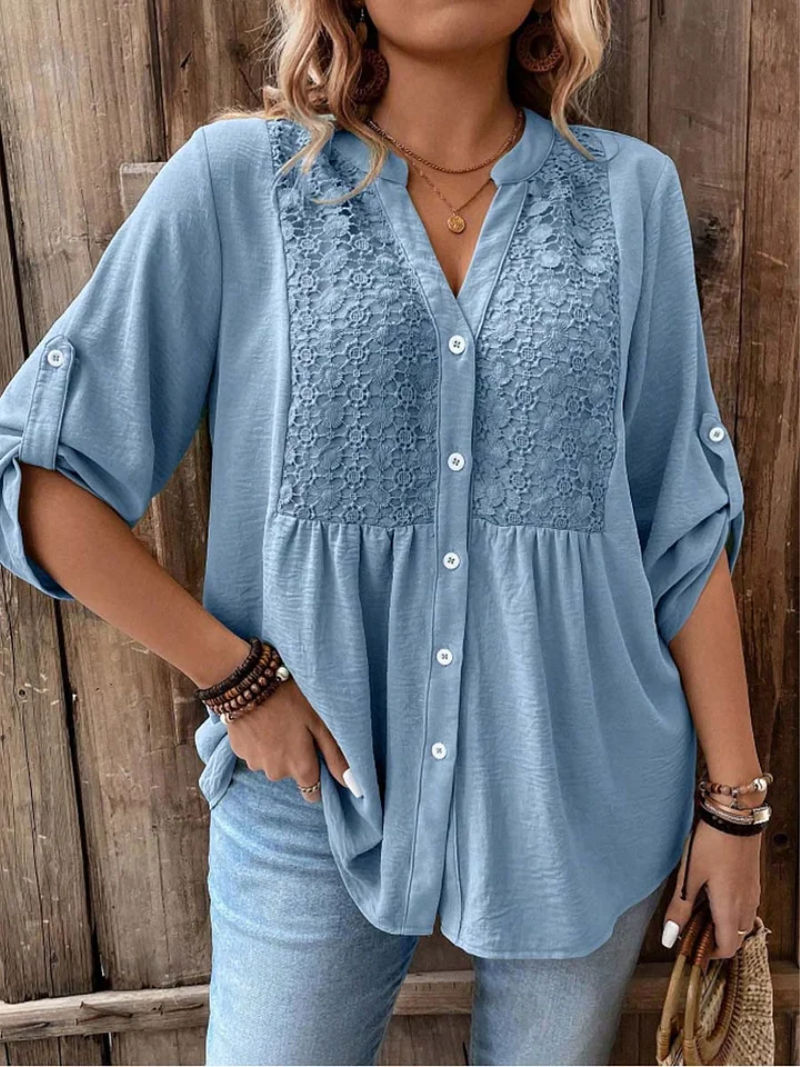Women's Casual V Neck Blouse Loose Fit Button Up Shirt