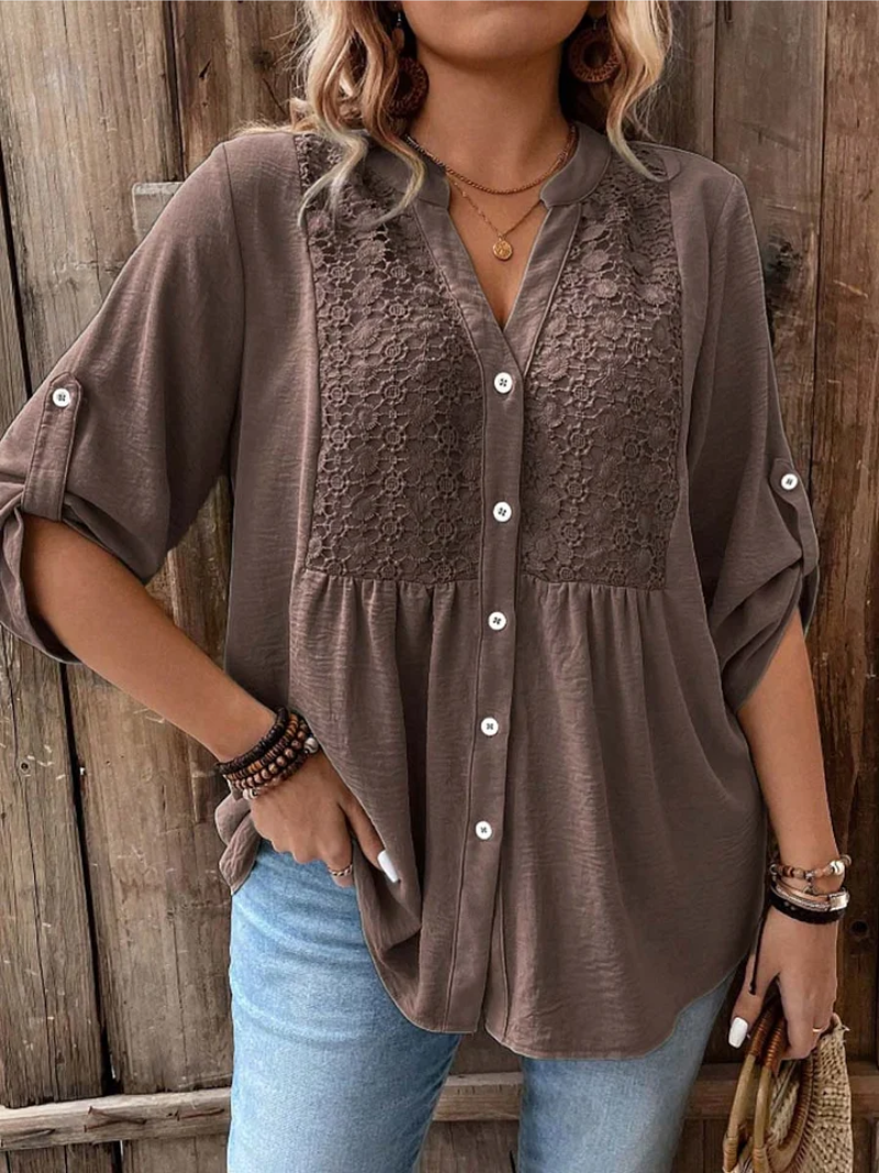 Women's Casual V Neck Blouse Loose Fit Button Up Shirt