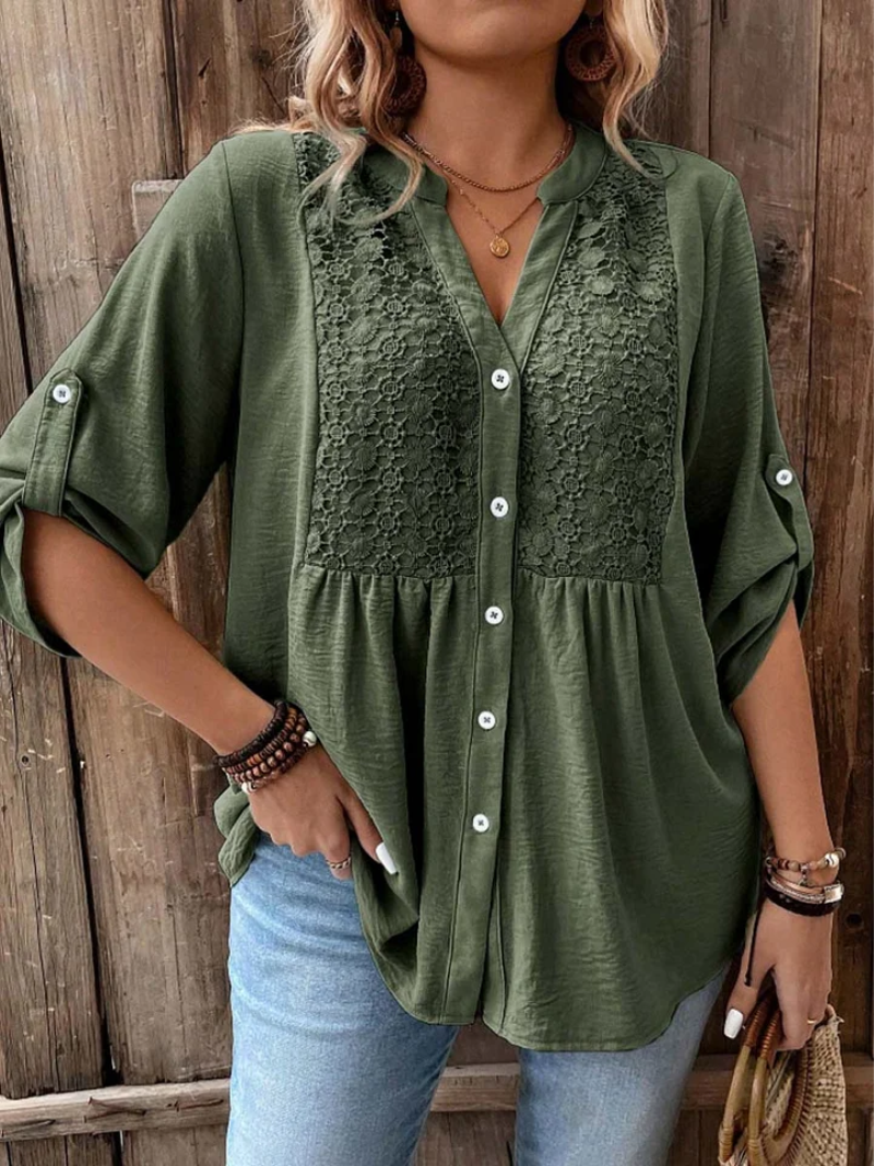 Women's Casual V Neck Blouse Loose Fit Button Up Shirt