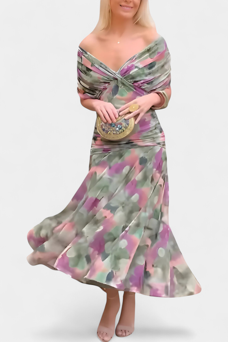 Women’s Off Shoulder Midi Dress with Fitted Waist and Flowing Skirt