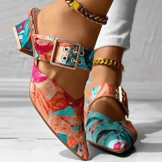 Women’s Colorful Printed Heels with Strap and Block Heel