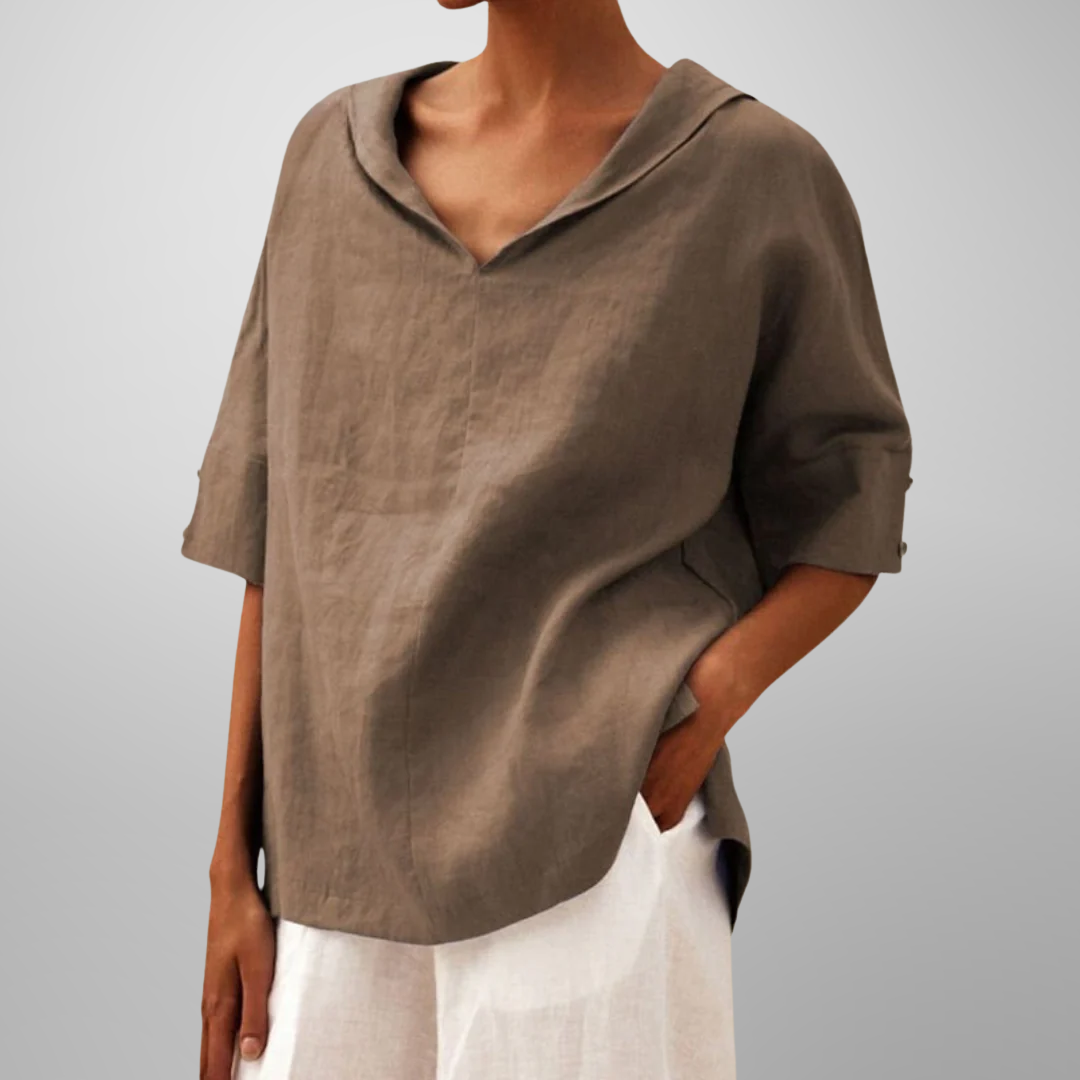 Women's Relaxed Fit Blouse with V-Neck and Short Sleeves