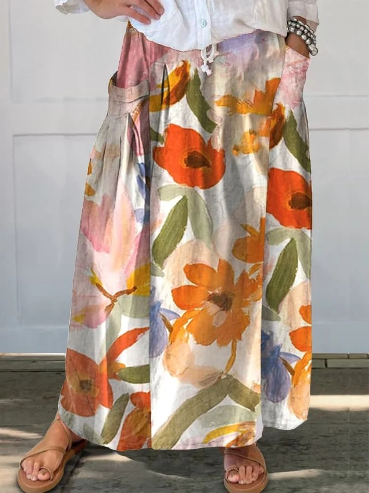 Women’s Floral Maxi Skirt with Elastic Waist and Pockets