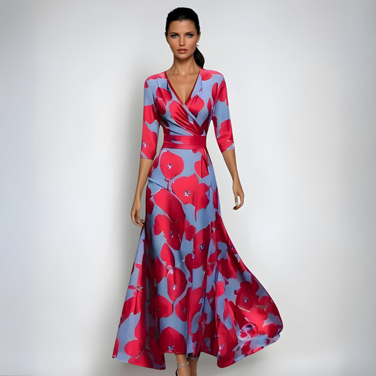 Women’s Floral Maxi Dress with V Neck Wrap and Flowing Fit