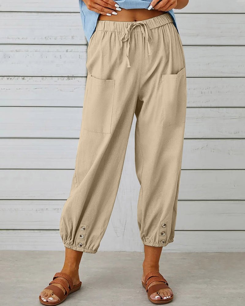 Women’s High Waist Drawstring Pants with Pockets and Button Hem