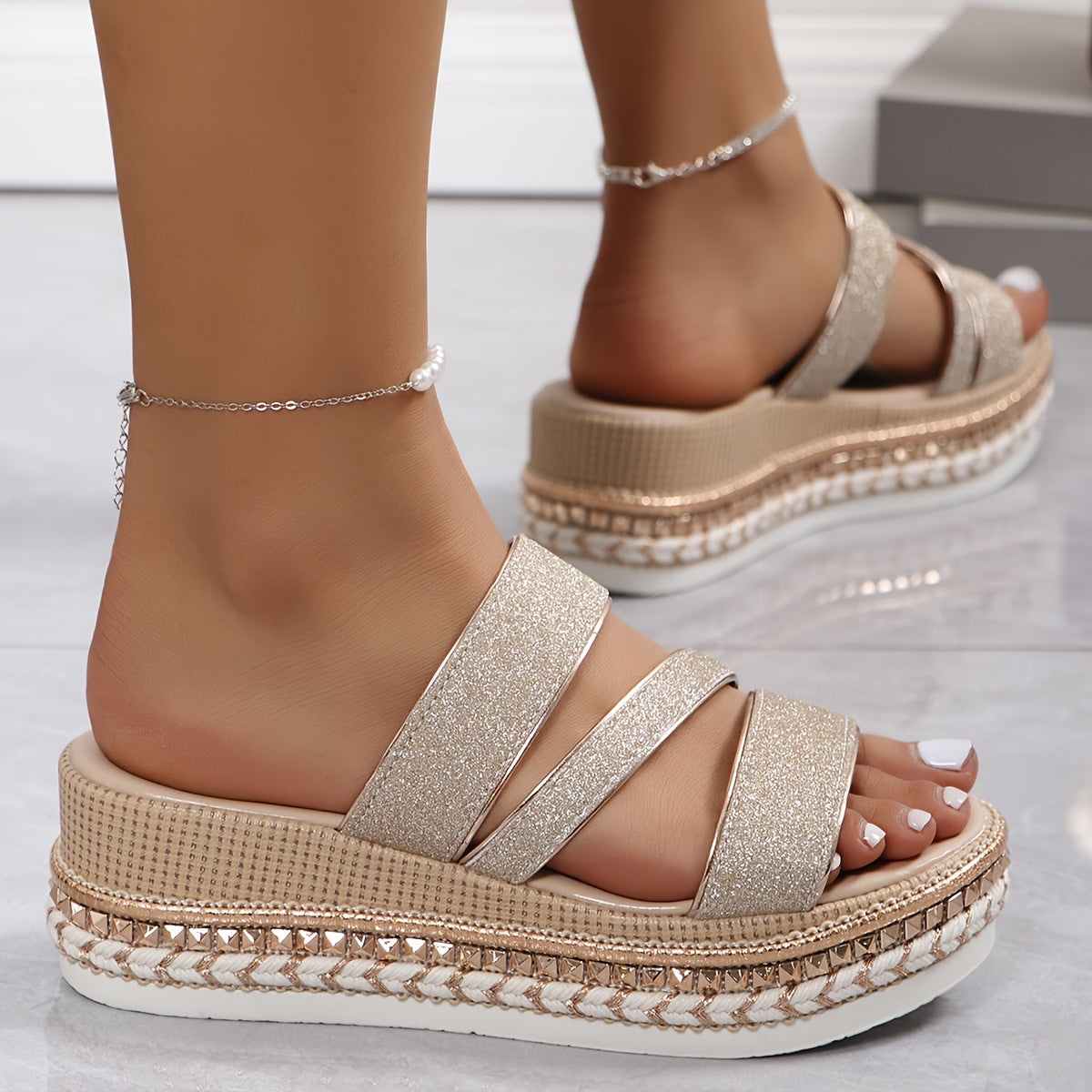 Women’s Glitter Platform Sandals with Ankle Strap and Comfort Support