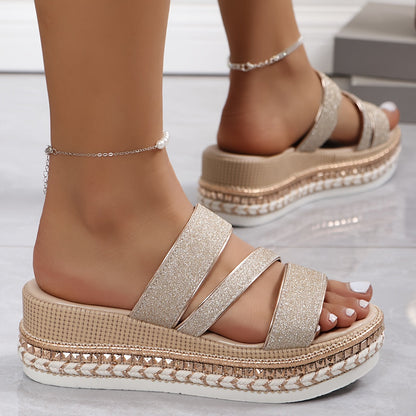 Women’s Glitter Platform Sandals with Ankle Strap and Comfort Support