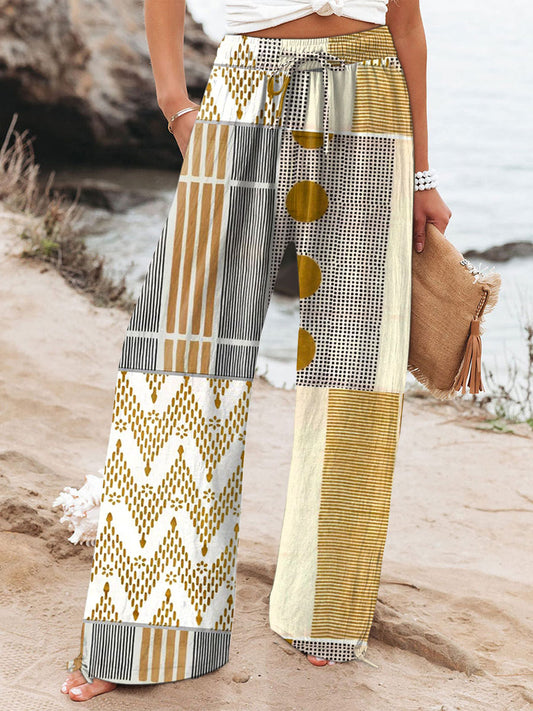Women's Geometric Patchwork Wide Leg Pants – Relaxed Fit Lightweight Casual Statement Trousers