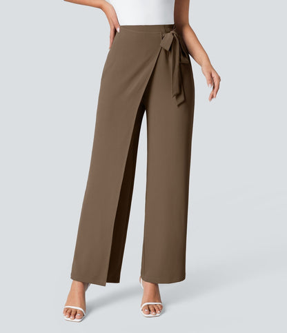 Women’s High Waist Wrap Pants with Wide Leg and Side Slit