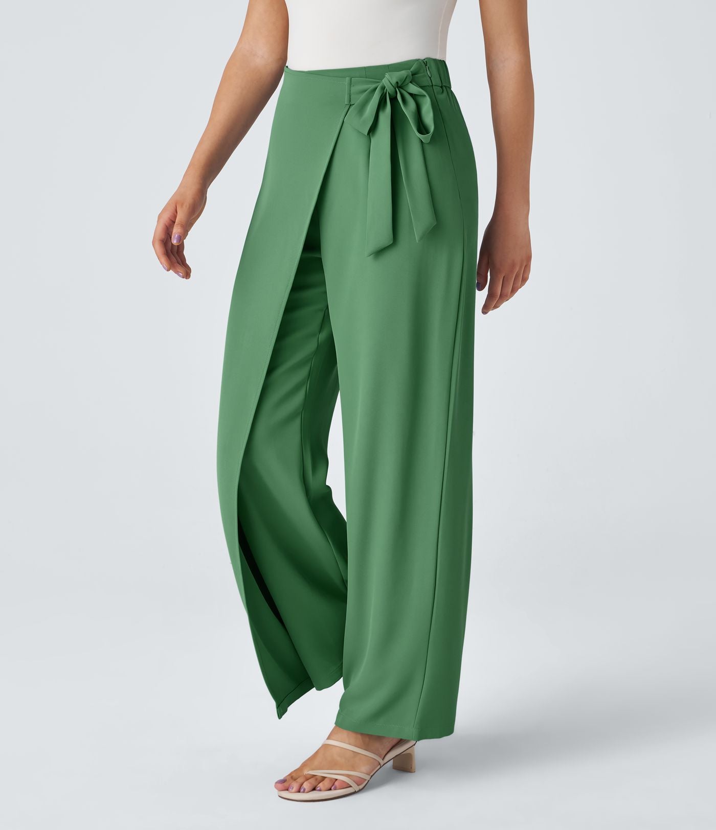 Women’s High Waist Wrap Pants with Wide Leg and Side Slit