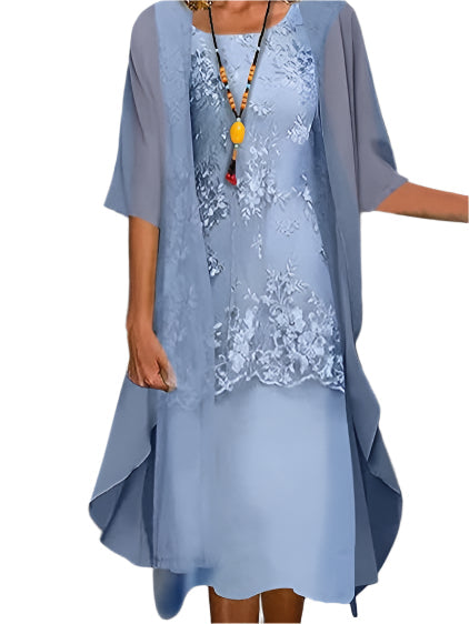 Women’s Sheer Sleeve Lace Overlay Elegant Flowing Midi Dress