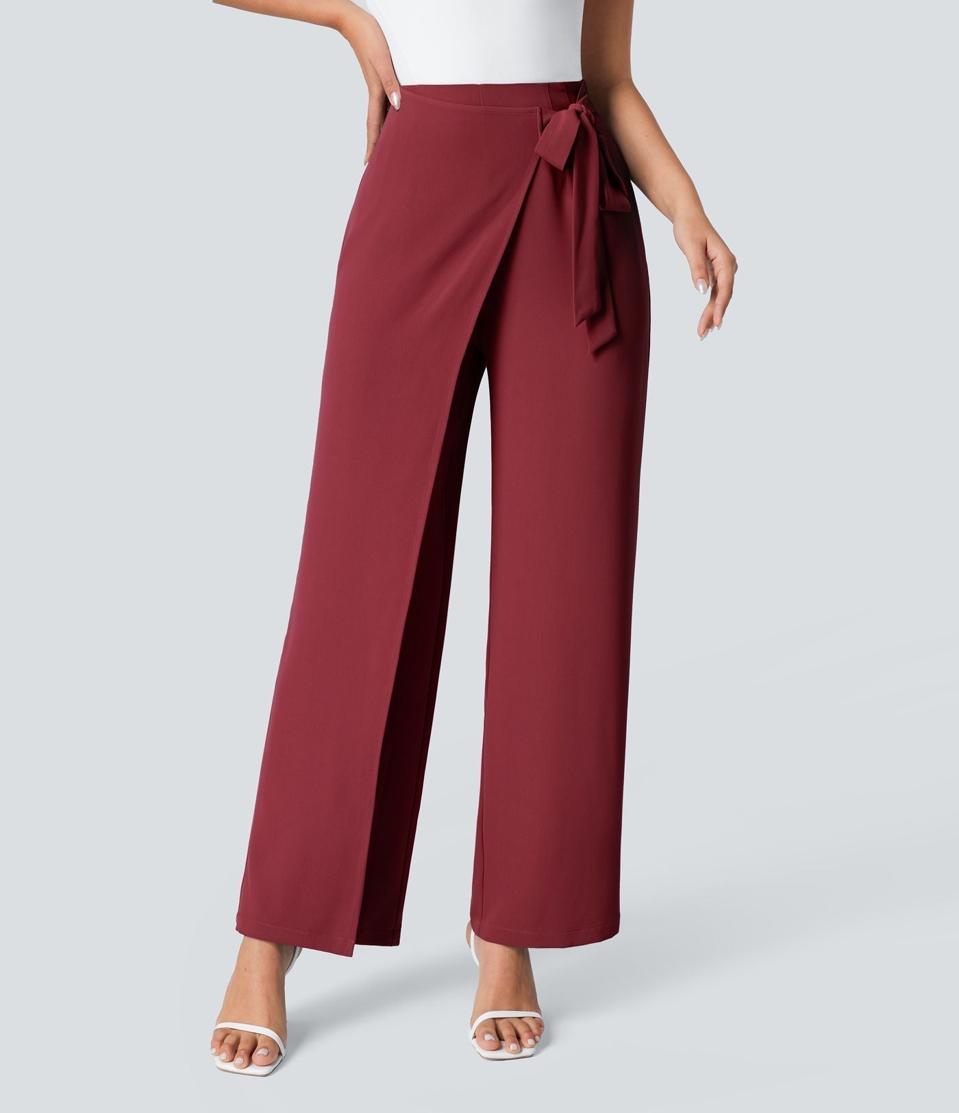 Women’s High Waist Wrap Pants with Wide Leg and Side Slit