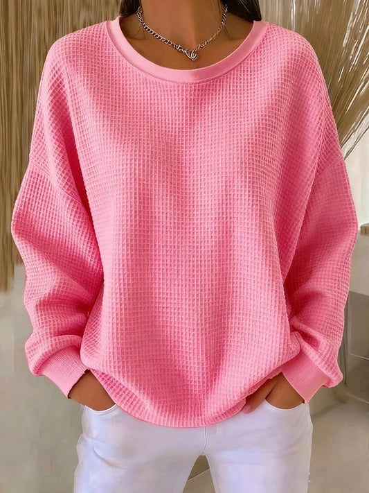 Women's Waffle Knit Long Sleeve Top with Round Neck