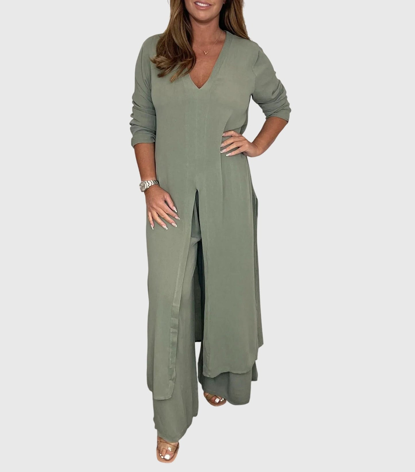 Women's Elegant Two Piece Set Long Top and Wide Leg Pants Outfit