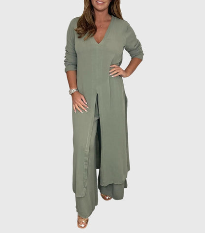 Women's Elegant Two Piece Set Long Top and Wide Leg Pants Outfit