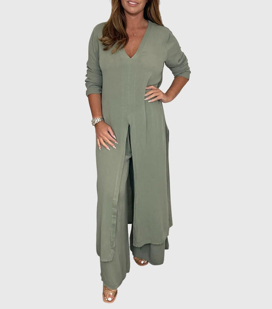 Women's Elegant Two Piece Set Long Top and Wide Leg Pants Outfit