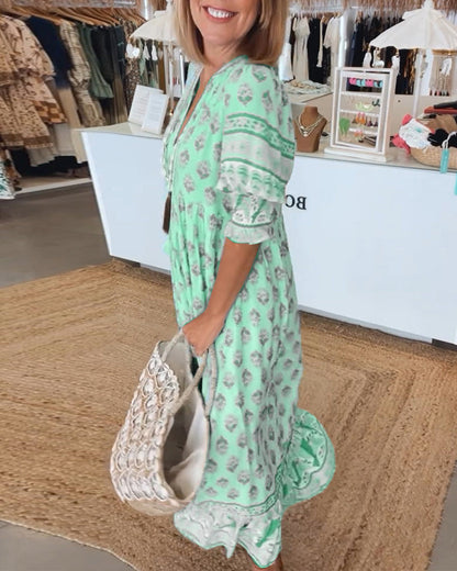 Women's Printed V-Neck Midi Dress with Relaxed Fit