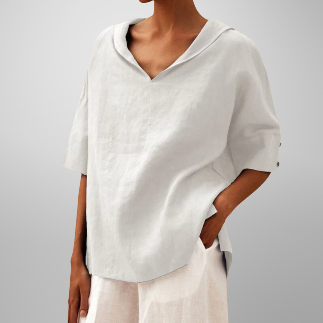 Women's Relaxed Fit Blouse with V-Neck and Short Sleeves