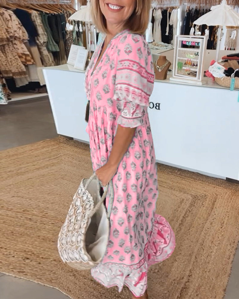 Women's Printed V-Neck Midi Dress with Relaxed Fit