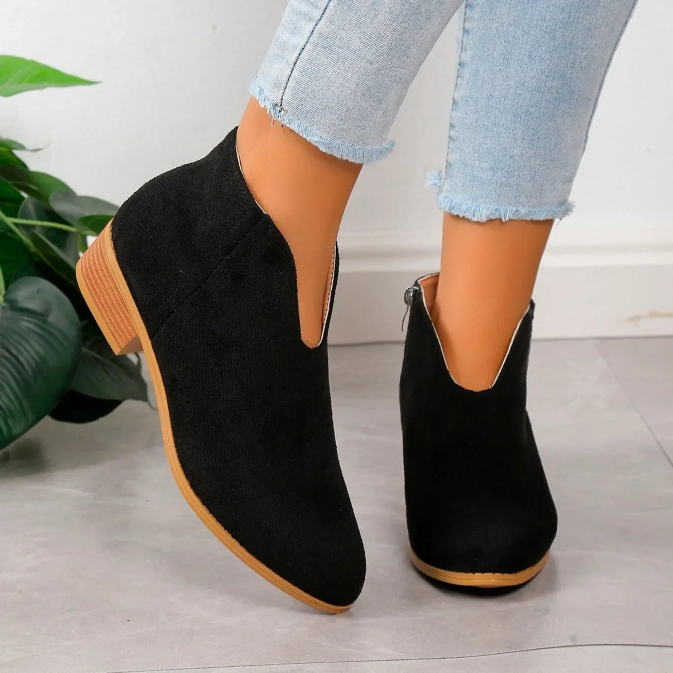 Women’s Leopard Print Ankle Boots with Side Zipper and Low Heel