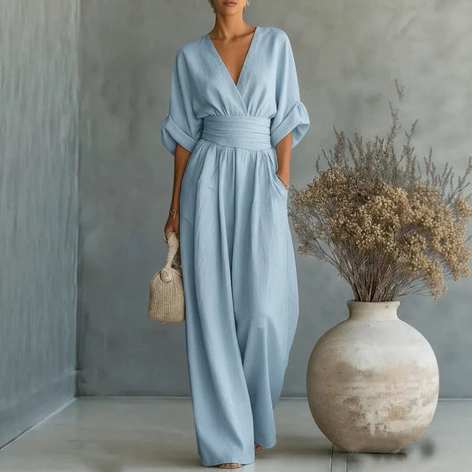 Women's Wide Leg Jumpsuit with V-Neck and Relaxed Fit