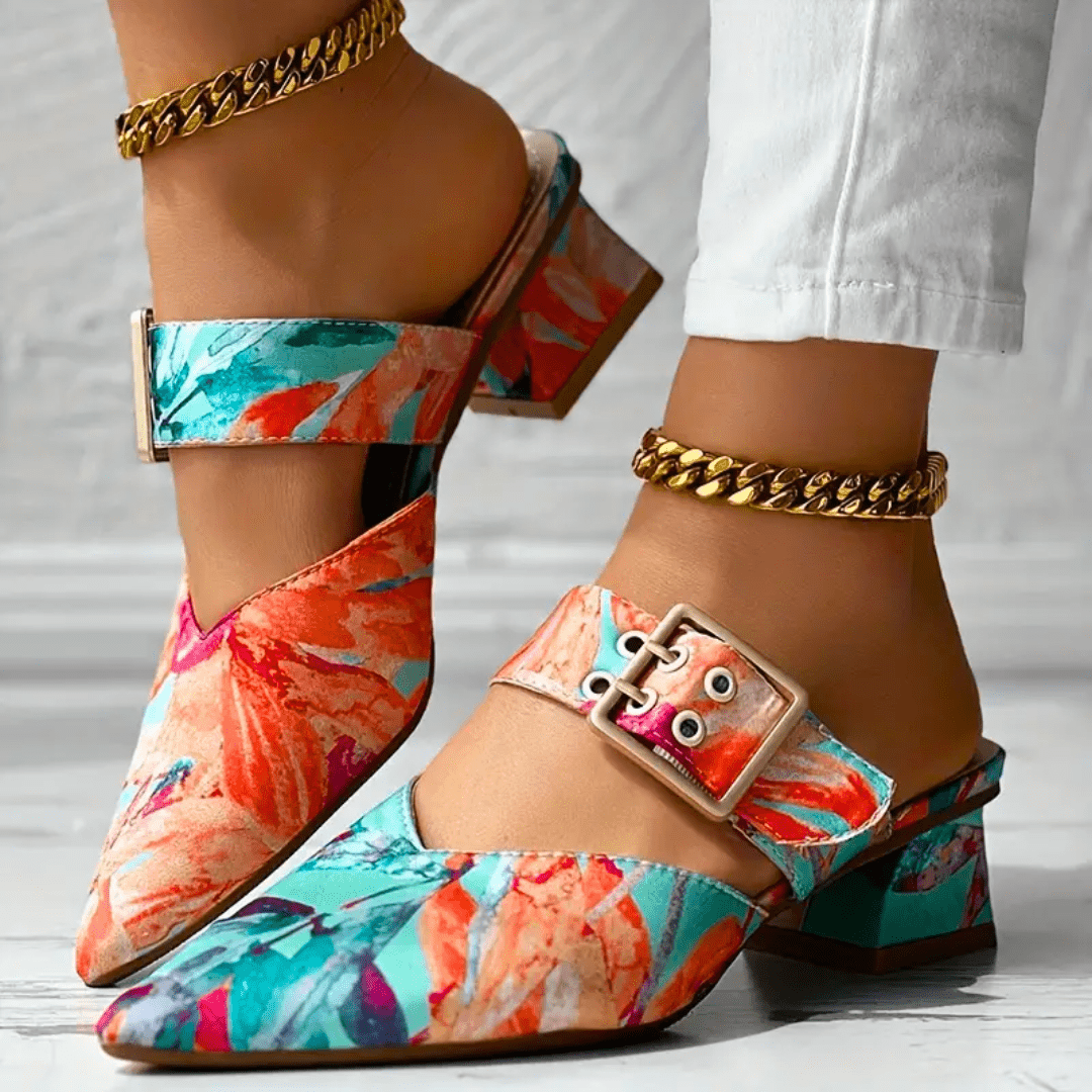 Women’s Colorful Printed Heels with Strap and Block Heel