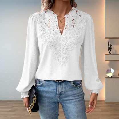 Women's Elegant Lace V-Neck Blouse Slim Fit Long Sleeve Casual Chic Top