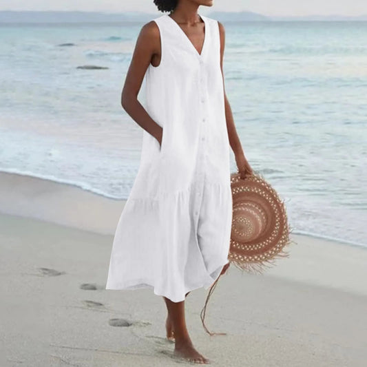 Women's Sleeveless V-Neck Button Front Midi Dress