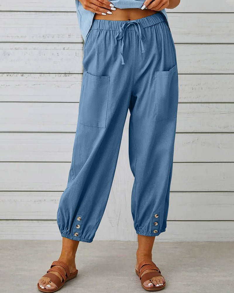 Women’s High Waist Drawstring Pants with Pockets and Button Hem