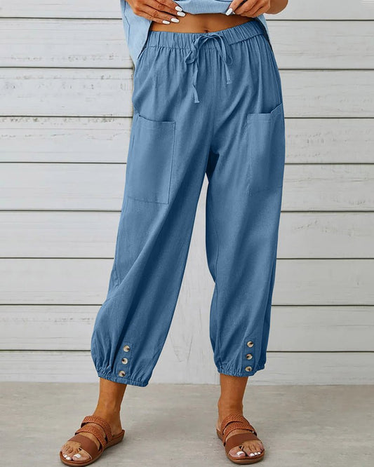 Women’s High Waist Drawstring Pants with Pockets and Button Hem