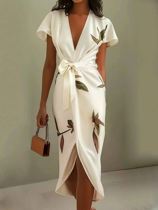 Women’s Floral Wrap V Neck Elegant Midi Dress