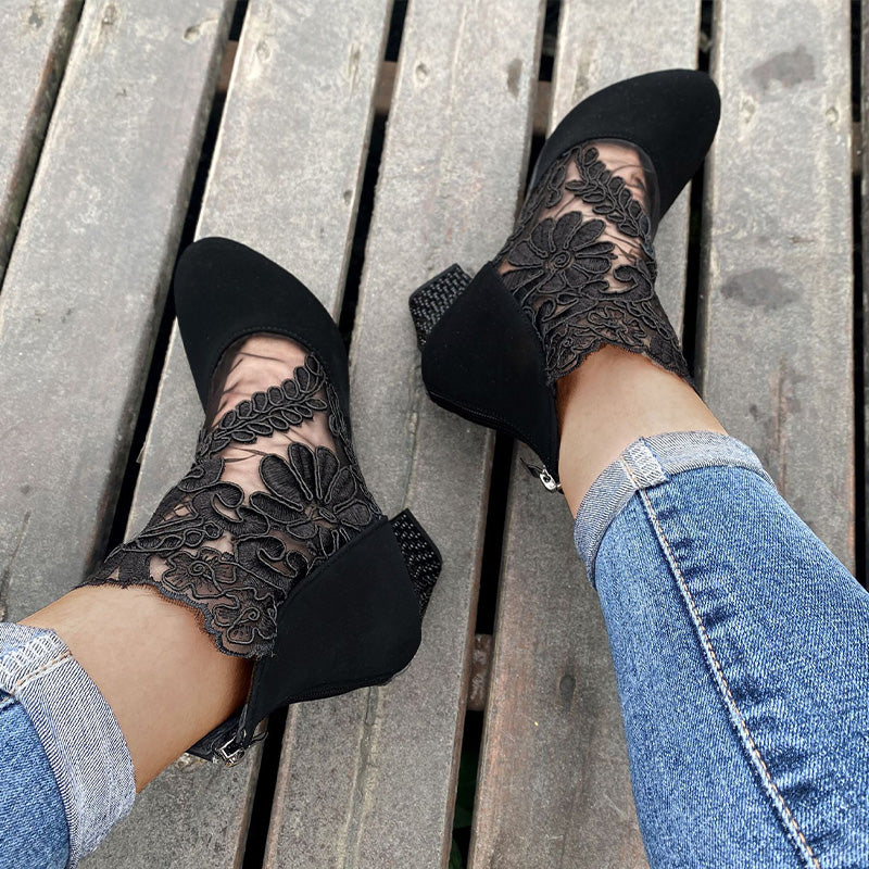 Women's Lace Panel Block Heel Ankle Orthopedic Boots