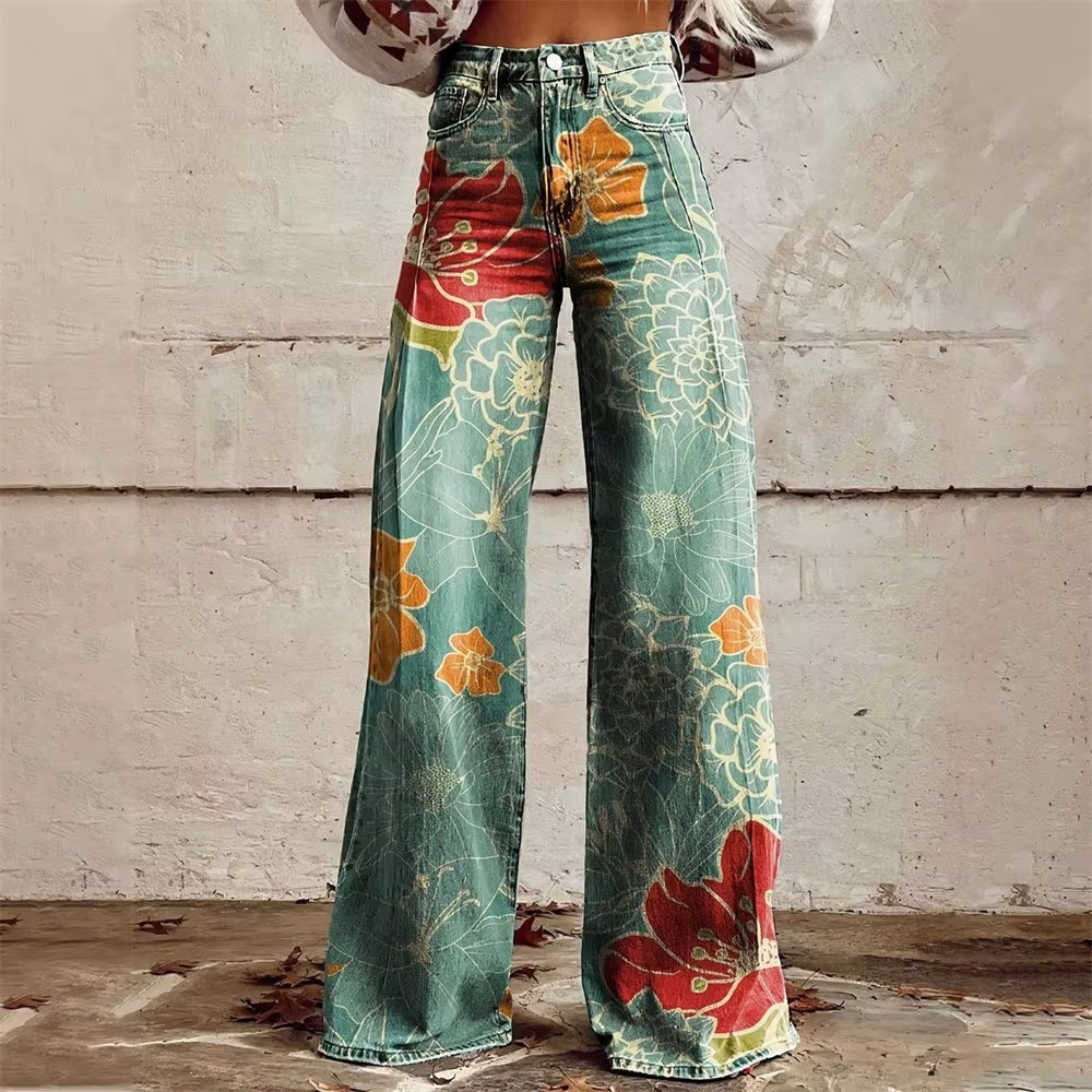 Women's Floral Wide Leg Jeans – High Waist Flared Fit Stretch Denim Pants