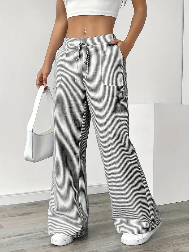 Women’s Wide Leg Striped Pants with Elastic Waist and Drawstring