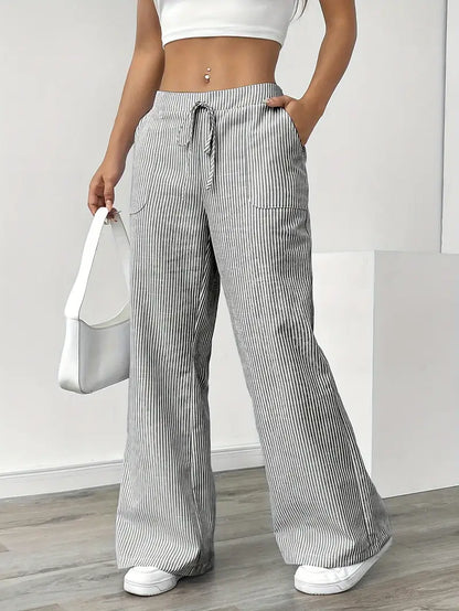 Women’s Wide Leg Striped Pants with Elastic Waist and Drawstring
