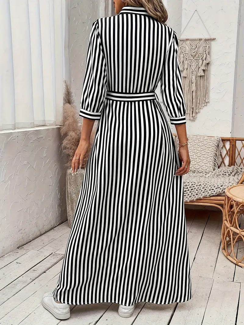 Women’s Striped Belted Button Down Elegant Shirt Midi Dress