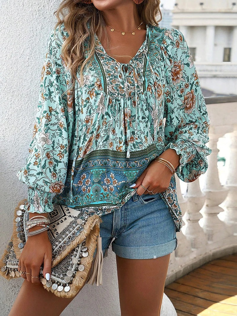 Women's Boho Floral V-Neck Blouse Loose Fit Lightweight Summer Casual Top