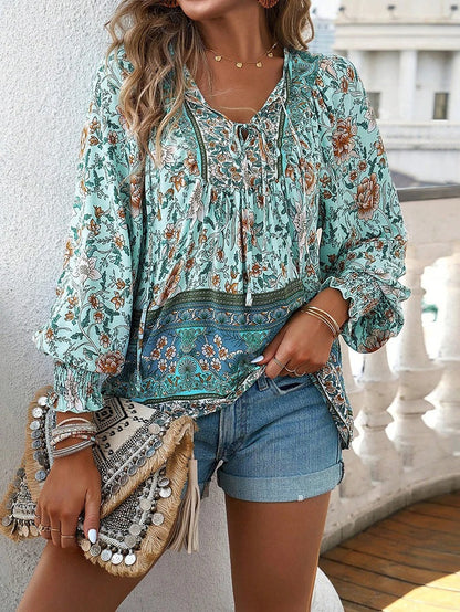 Women's Boho Floral V-Neck Blouse Loose Fit Lightweight Summer Casual Top