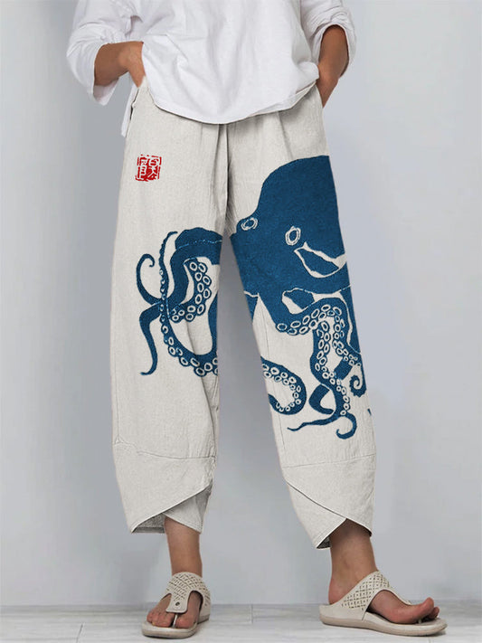Women's Octopus Ink Print Wide Leg Pants – Relaxed Fit Lightweight Casual Trousers