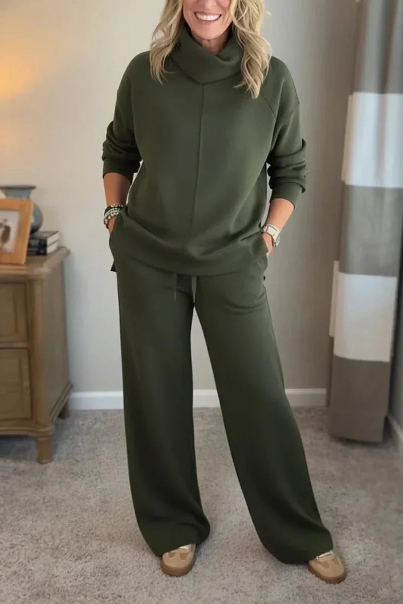 Women's Turtleneck Loungewear Set with Wide Leg Pants Cozy Two Piece
