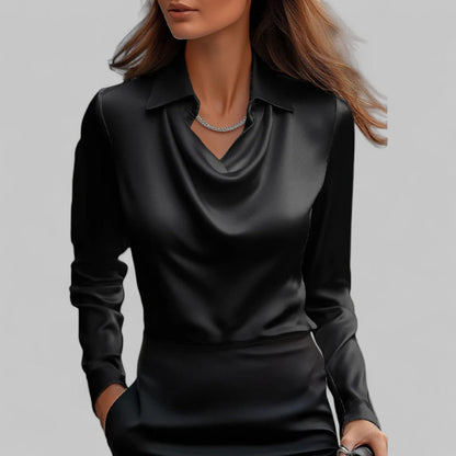 Women’s Draped Neck Long Sleeve Blouse with Satin-Like Finish
