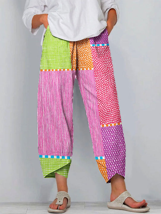 Women's Colorful Patchwork Wide Leg Pants – Relaxed Fit Lightweight Casual Statement Trousers