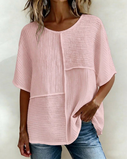 Women's Textured Patchwork Top with Round Neck and Short Sleeves
